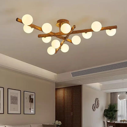 Traditional Farmhouse Acrylic Metal & Resin Branch Frosted Ball 3/6/9/12/15-Light Semi-Flush Mount Ceiling Light For Living Room & Bedroom