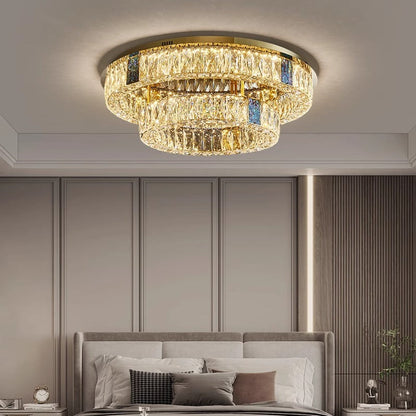 Modern Luxury Shell Stainless Steel & Crystal Round Multi-Layered LED Flush Mount Ceiling Light For Bedroom & Living Room