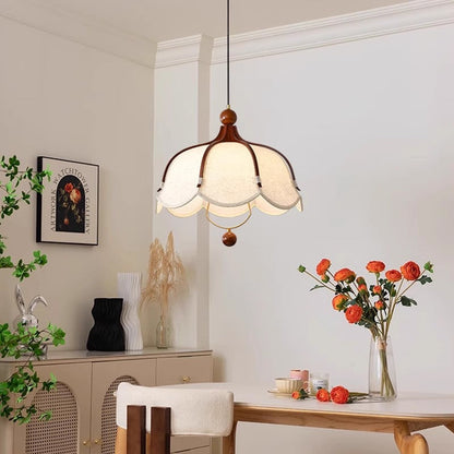 Traditional French Metal Linen & Wood Floral 1-Light Pendant Light For Dining Room