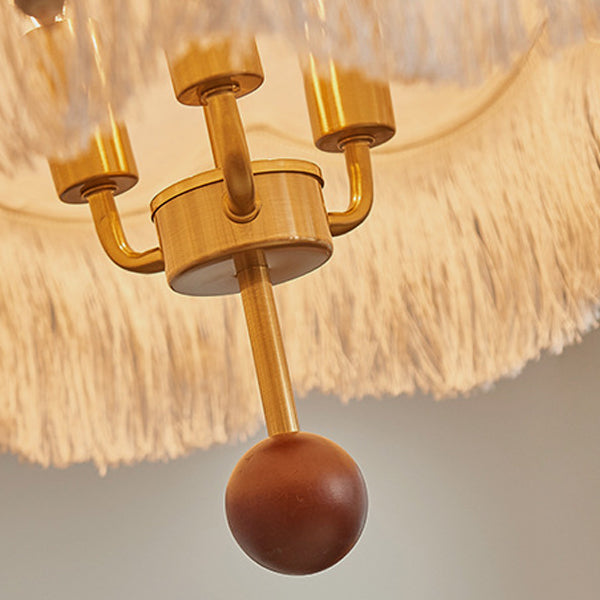 Traditional French Fabric Iron & Oak Dome Pearl Tassel 3-Light Chandelier For Dining Room