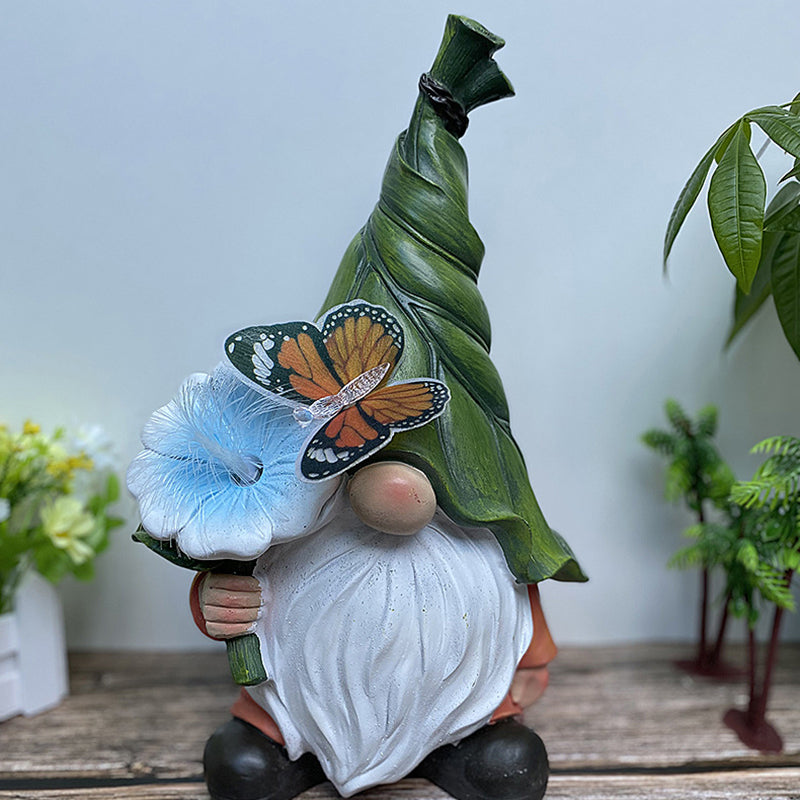 Modern Art Deco Solar Waterproof Resin Gnome With Flower & Butterfly LED Outdoor Light Landscape Lighting For Garden