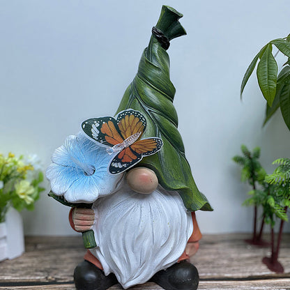 Modern Art Deco Solar Waterproof Resin Gnome With Flower & Butterfly LED Outdoor Light Landscape Lighting For Garden