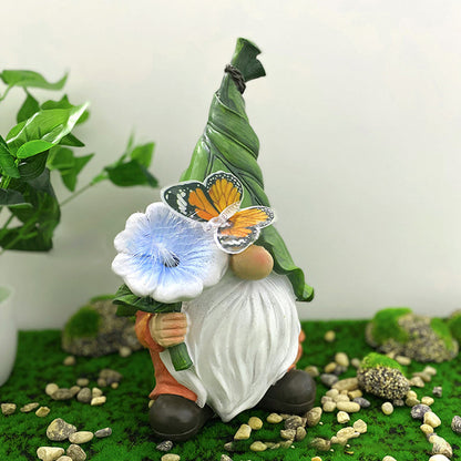 Modern Art Deco Solar Waterproof Resin Gnome With Flower & Butterfly LED Outdoor Light Landscape Lighting For Garden
