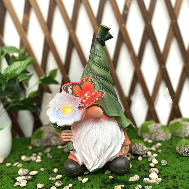 Modern Art Deco Solar Waterproof Resin Gnome With Flower & Butterfly LED Outdoor Light Landscape Lighting For Garden