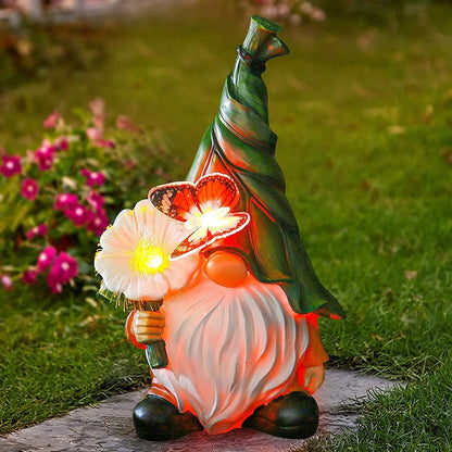 Modern Art Deco Solar Waterproof Resin Gnome With Flower & Butterfly LED Outdoor Light Landscape Lighting For Garden