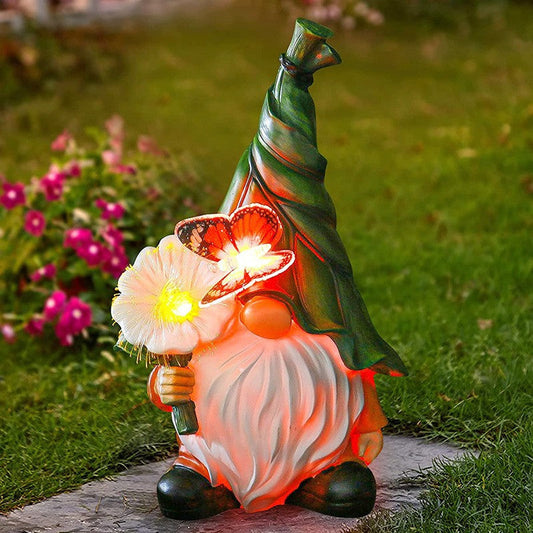 Modern Art Deco Solar Waterproof Resin Gnome With Flower & Butterfly LED Outdoor Light Landscape Lighting For Garden