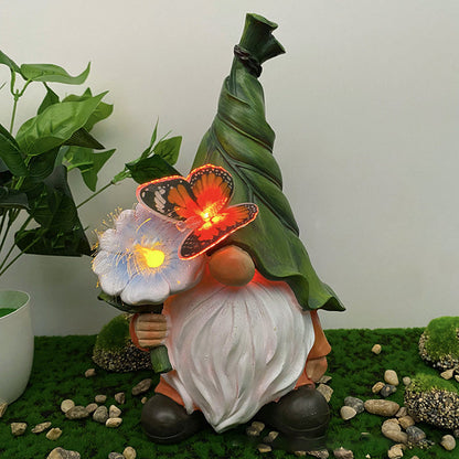 Modern Art Deco Solar Waterproof Resin Gnome With Flower & Butterfly LED Outdoor Light Landscape Lighting For Garden