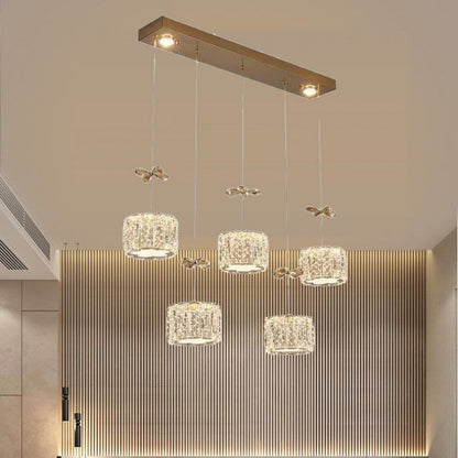 Modern Luxury Crystal & Stainless Steel Raindrop Cylinder Petal LED Chandelier Island Light For Dining Room & Living Room