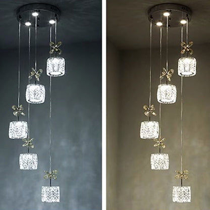 Modern Luxury Crystal & Stainless Steel Raindrop Cylinder Petal LED Chandelier Island Light For Dining Room & Living Room