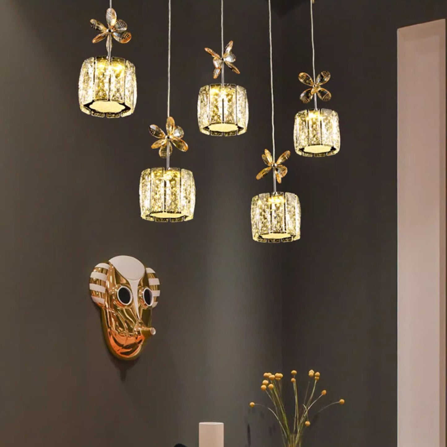 Modern Luxury Crystal & Stainless Steel Raindrop Cylinder Petal LED Chandelier Island Light For Dining Room & Living Room
