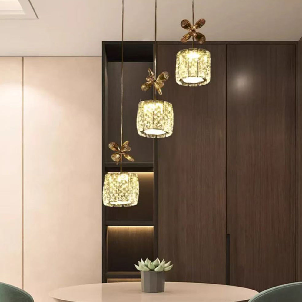 Modern Luxury Crystal & Stainless Steel Raindrop Cylinder Petal LED Chandelier Island Light For Dining Room & Living Room