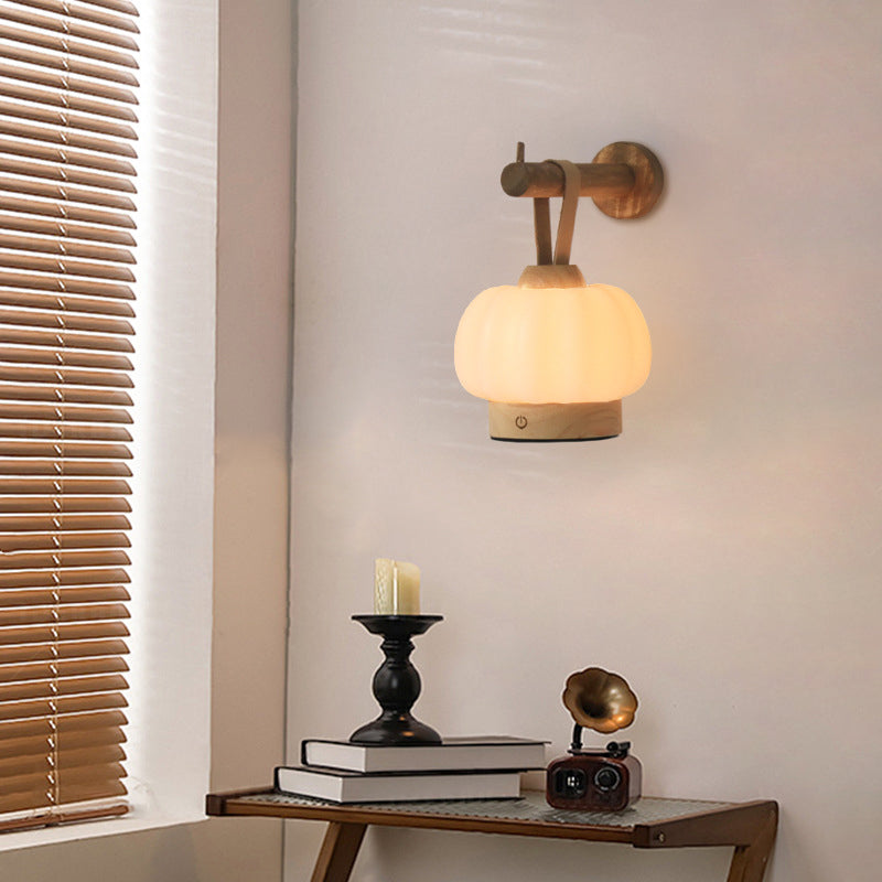 Contemporary Nordic Rechargeable Wood PE & Faux Leather Pumpkin-Shaped Hanging LED Wall Sconce Lamp Night Light For Bedside