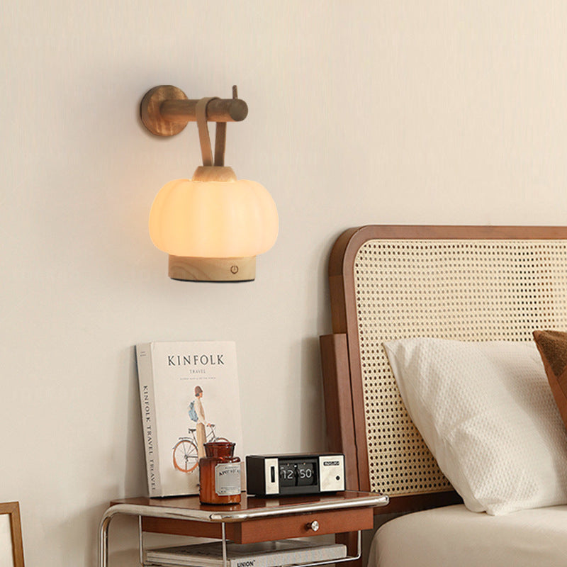 Contemporary Nordic Rechargeable Wood PE & Faux Leather Pumpkin-Shaped Hanging LED Wall Sconce Lamp Night Light For Bedside
