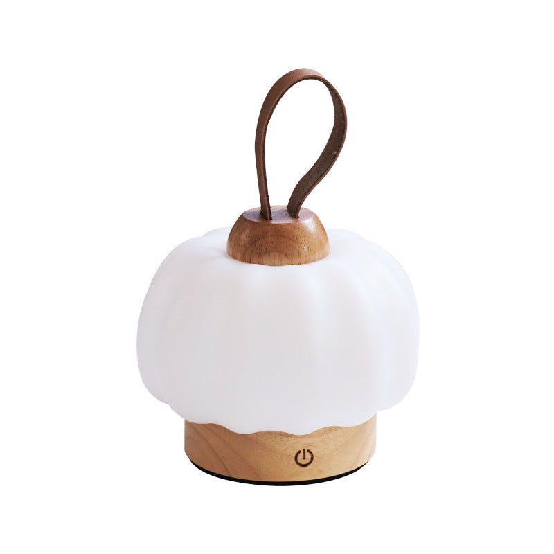 Contemporary Nordic Rechargeable Wood PE & Faux Leather Pumpkin-Shaped Hanging LED Wall Sconce Lamp Night Light For Bedside