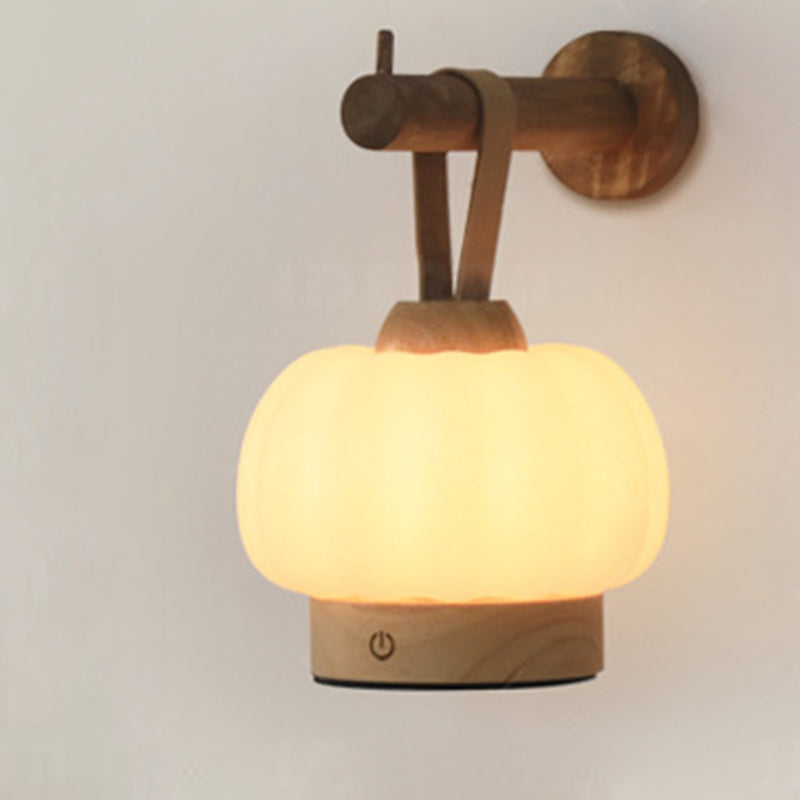 Contemporary Nordic Rechargeable Wood PE & Faux Leather Pumpkin-Shaped Hanging LED Wall Sconce Lamp Night Light For Bedside