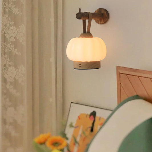 Contemporary Nordic Rechargeable Wood PE & Faux Leather Pumpkin-Shaped Hanging LED Wall Sconce Lamp Night Light For Bedside