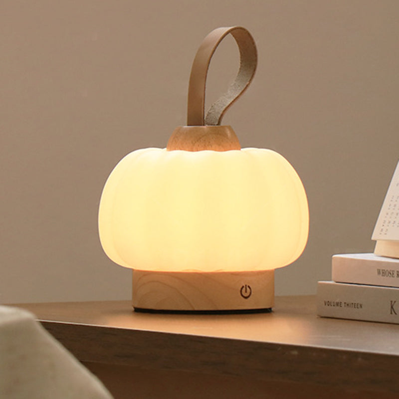 Contemporary Nordic Rechargeable Wood PE & Faux Leather Pumpkin-Shaped Hanging LED Wall Sconce Lamp Night Light For Bedside