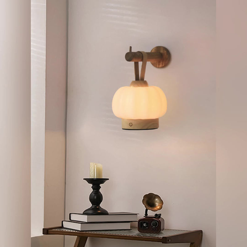 Contemporary Nordic Rechargeable Wood PE & Faux Leather Pumpkin-Shaped Hanging LED Wall Sconce Lamp Night Light For Bedside