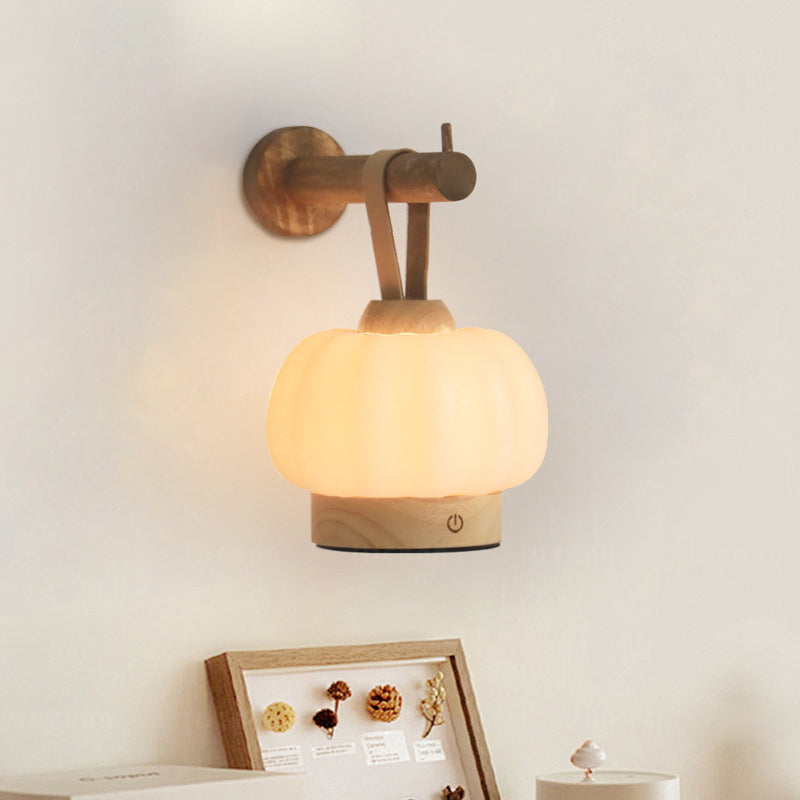 Contemporary Nordic Rechargeable Wood PE & Faux Leather Pumpkin-Shaped Hanging LED Wall Sconce Lamp Night Light For Bedside