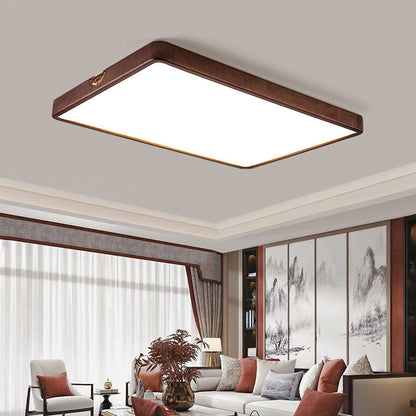 Traditional Chinese Rubberwood Metal Acrylic Square & Rectangular Hollow Pattern LED Flush Mount Ceiling Light For Living Room & Bedroom
