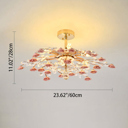 Traditional French Ceramic Crystal Iron Rose & Branch 6/7/8 Light LED Semi-Flush Mount Ceiling Light For Living Room & Bedroom