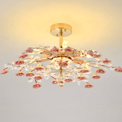 Traditional French Ceramic Crystal Iron Rose & Branch 6/7/8 Light LED Semi-Flush Mount Ceiling Light For Living Room & Bedroom