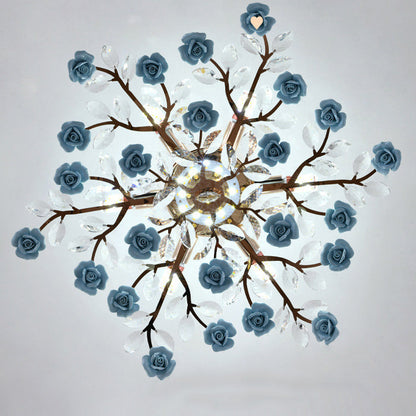 Traditional French Ceramic Crystal Iron Rose & Branch 6/7/8 Light LED Semi-Flush Mount Ceiling Light For Living Room & Bedroom