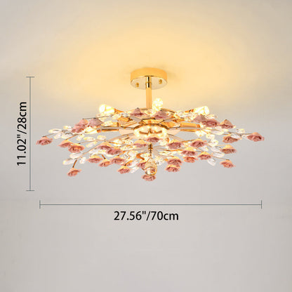 Traditional French Ceramic Crystal Iron Rose & Branch 6/7/8 Light LED Semi-Flush Mount Ceiling Light For Living Room & Bedroom