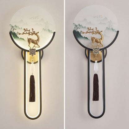 Traditional Chinese Brass & Glass Deer & Landscape Round LED Wall Sconce Lamp For Bedroom & Living Room