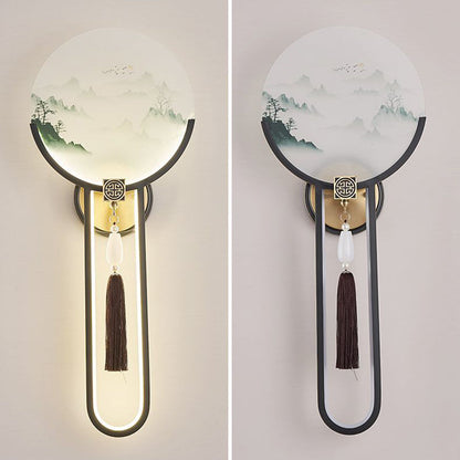 Traditional Chinese Brass & Glass Deer & Landscape Round LED Wall Sconce Lamp For Bedroom & Living Room