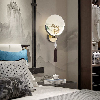 Traditional Chinese Brass & Glass Deer & Landscape Round LED Wall Sconce Lamp For Bedroom & Living Room
