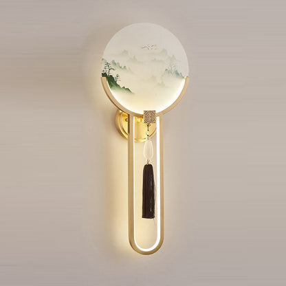 Traditional Chinese Brass & Glass Deer & Landscape Round LED Wall Sconce Lamp For Bedroom & Living Room