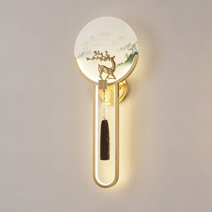 Traditional Chinese Brass & Glass Deer & Landscape Round LED Wall Sconce Lamp For Bedroom & Living Room