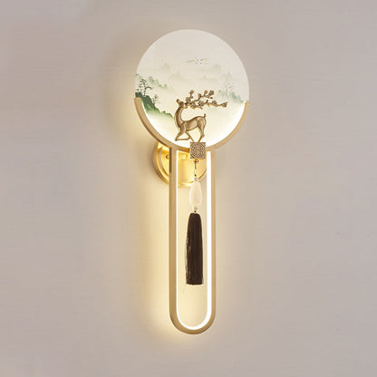 Traditional Chinese Brass & Glass Deer & Landscape Round LED Wall Sconce Lamp For Bedroom & Living Room