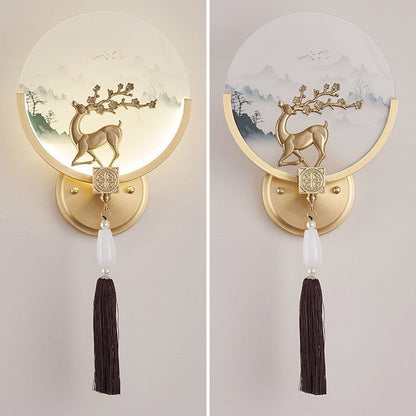 Traditional Chinese Brass & Glass Deer & Landscape Round LED Wall Sconce Lamp For Bedroom & Living Room