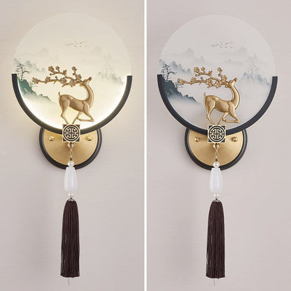 Traditional Chinese Brass & Glass Deer & Landscape Round LED Wall Sconce Lamp For Bedroom & Living Room
