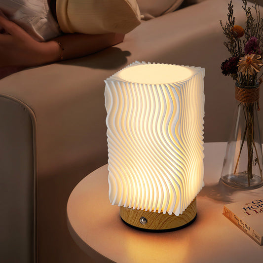 Contemporary Nordic Rechargeable Acrylic Wood Cylinder With Ripple Texture LED Table Lamp Night Light For Bedside