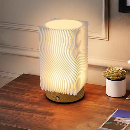 Contemporary Nordic Rechargeable Acrylic Wood Cylinder With Ripple Texture LED Table Lamp Night Light For Bedside