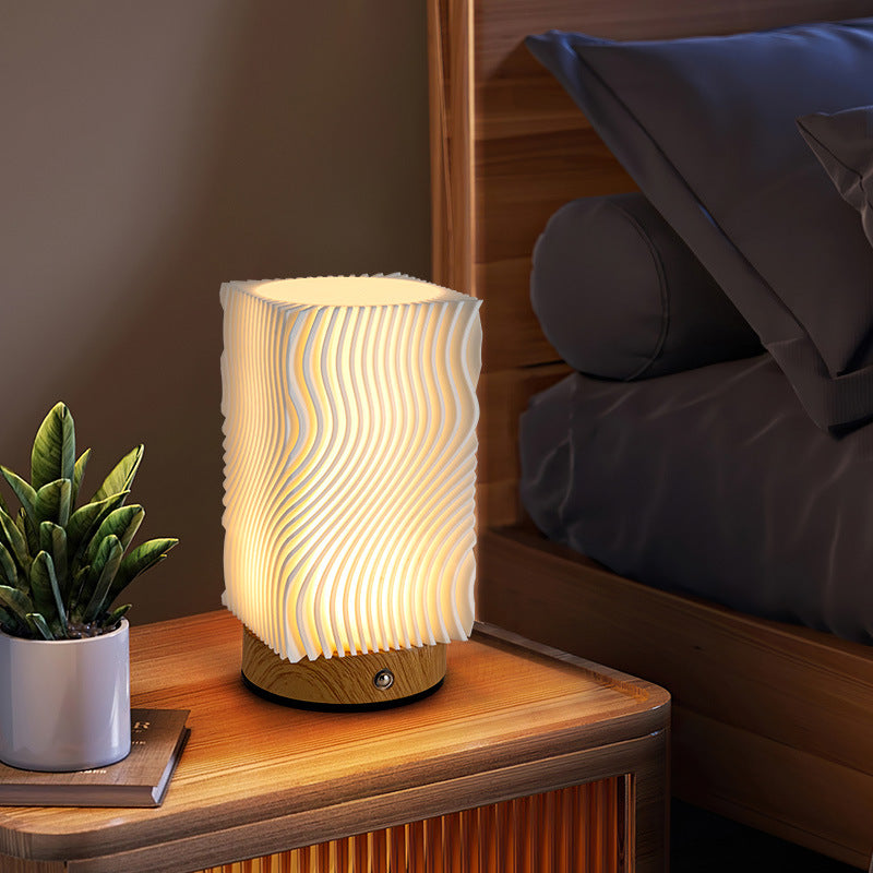 Contemporary Nordic Rechargeable Acrylic Wood Cylinder With Ripple Texture LED Table Lamp Night Light For Bedside