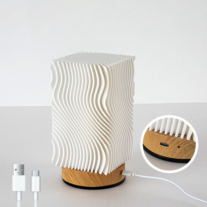 Contemporary Nordic Rechargeable Acrylic Wood Cylinder With Ripple Texture LED Table Lamp Night Light For Bedside