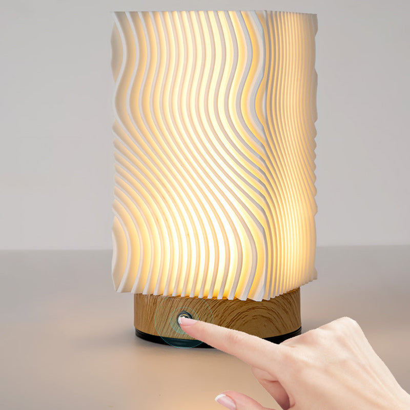 Contemporary Nordic Rechargeable Acrylic Wood Cylinder With Ripple Texture LED Table Lamp Night Light For Bedside