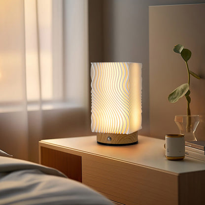 Contemporary Nordic Rechargeable Acrylic Wood Cylinder With Ripple Texture LED Table Lamp Night Light For Bedside