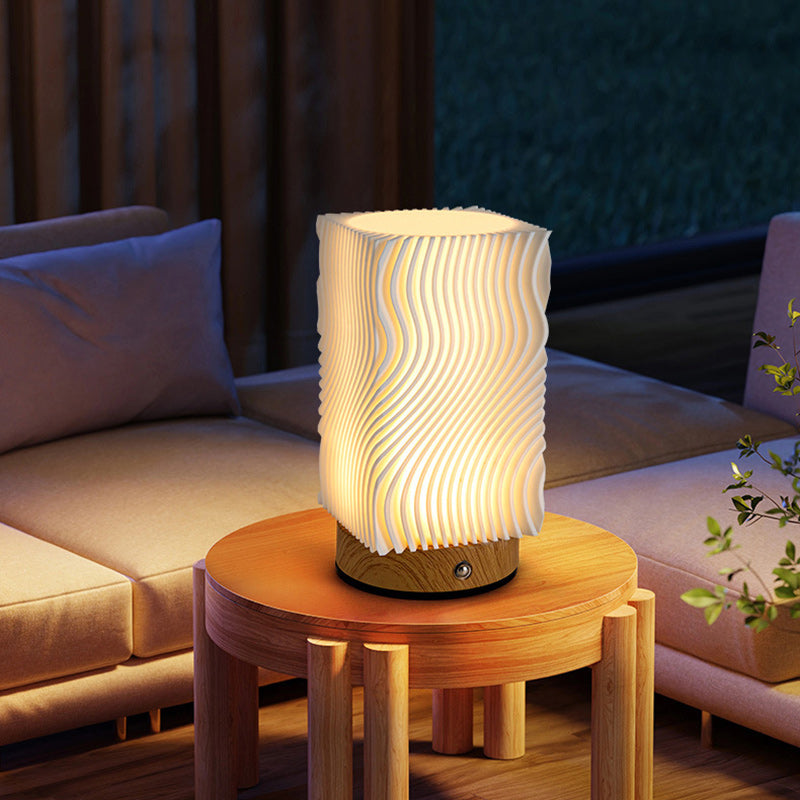 Contemporary Nordic Rechargeable Acrylic Wood Cylinder With Ripple Texture LED Table Lamp Night Light For Bedside