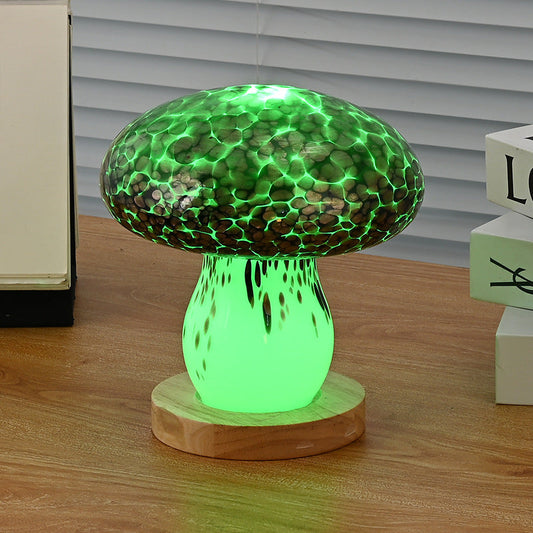 Modern Art Deco Rechargeable Glass & Wood Mushroom LED Table Lamp Night Light For Bedroom