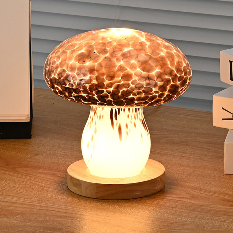 Modern Art Deco Rechargeable Glass & Wood Mushroom LED Table Lamp Night Light For Bedroom