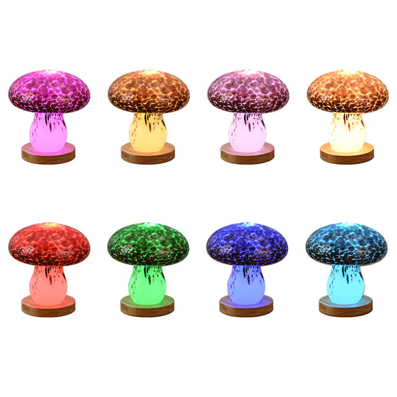 Modern Art Deco Rechargeable Glass & Wood Mushroom LED Table Lamp Night Light For Bedroom