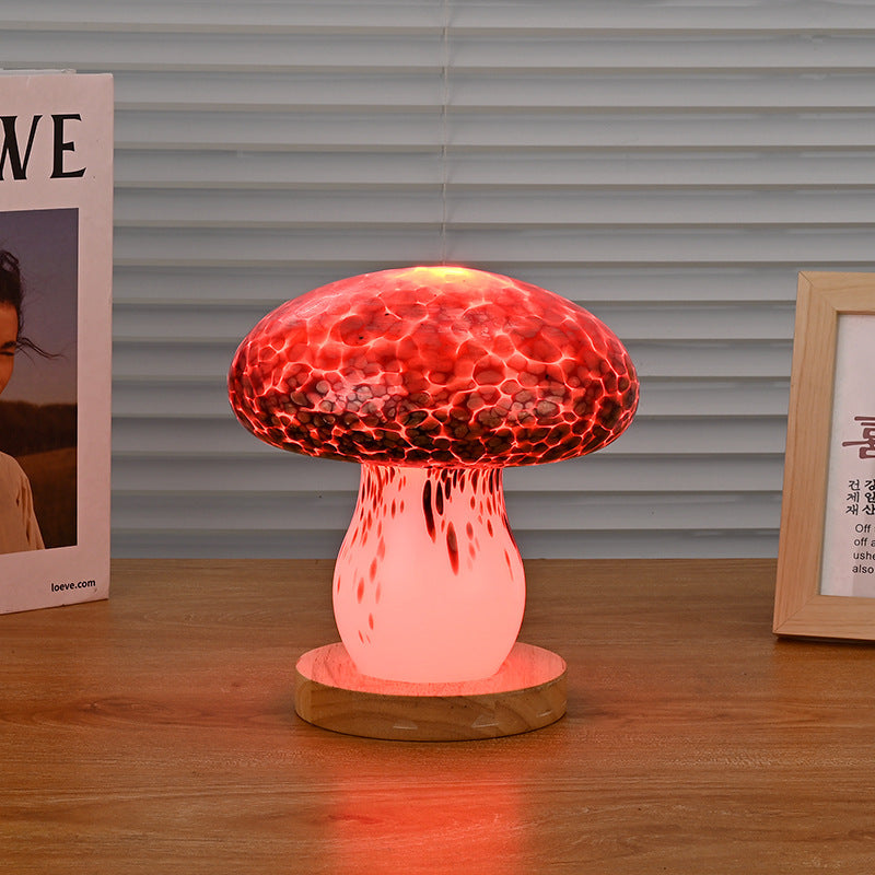 Modern Art Deco Rechargeable Glass & Wood Mushroom LED Table Lamp Night Light For Bedroom