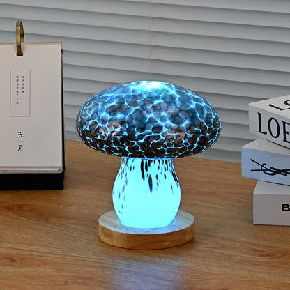 Modern Art Deco Rechargeable Glass & Wood Mushroom LED Table Lamp Night Light For Bedroom