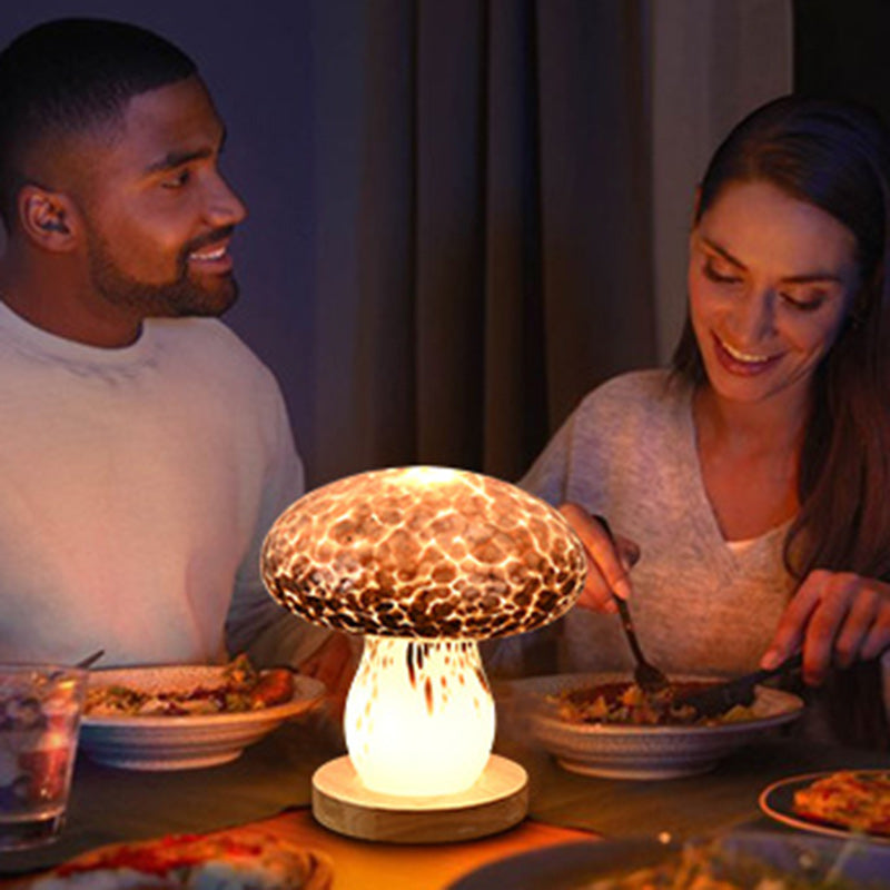 Modern Art Deco Rechargeable Glass & Wood Mushroom LED Table Lamp Night Light For Bedroom