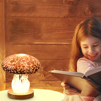Modern Art Deco Rechargeable Glass & Wood Mushroom LED Table Lamp Night Light For Bedroom